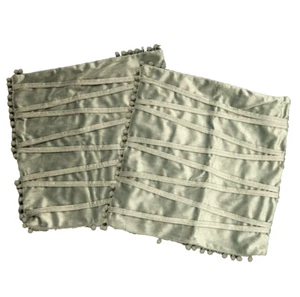 Pom Pom Fringed Velour Throw Pillow Covers Set of 2, 15" x 15.5" Zip Close, Gray - Picture 1 of 12