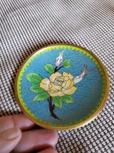 Vintage Chinese Cloisonne Small Plate PRC 4.25" Trinket Dish Layered Clouds Rose - Picture 1 of 8