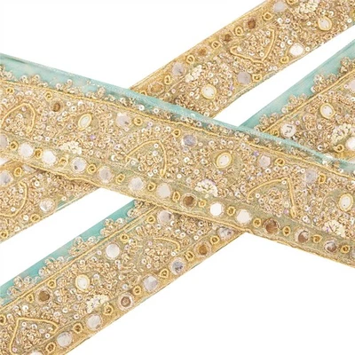 Sanskriti Vintage Sari Borde Cuentas a Mano Zardozi Artesanal 1 Yarda Azul Cielo Bordes Encaje Foto 1 de 4