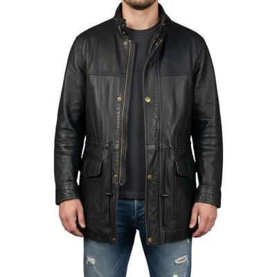 Chaqueta de campo de cuero vintage años 90 Charles Klein para hombre abrigo negro lazos de cintura talla XL Foto 1 de 4