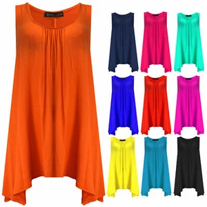 Ladies HANKY hem womens sleeveless scoop neck jersey long tunic vest top 8-26 - Picture 1 of 18
