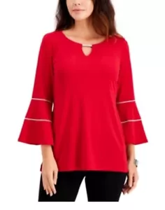 Neu JM Collection Damen-Schlüsselloch-Oberteil mit Glockenärmel, rot, klein - Bild 1 von 1