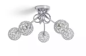 Beaded Globes 5 Arm Ceiling Light Chrome Good Refurbished Dimmer Compatible - Picture 1 of 6