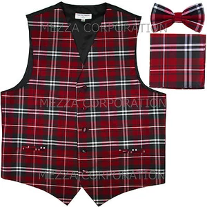 New Vesuvio Napoli Men's plaid Tuxedo Vest Waistcoat_Bowtie & Hankie set Red - Picture 1 of 4