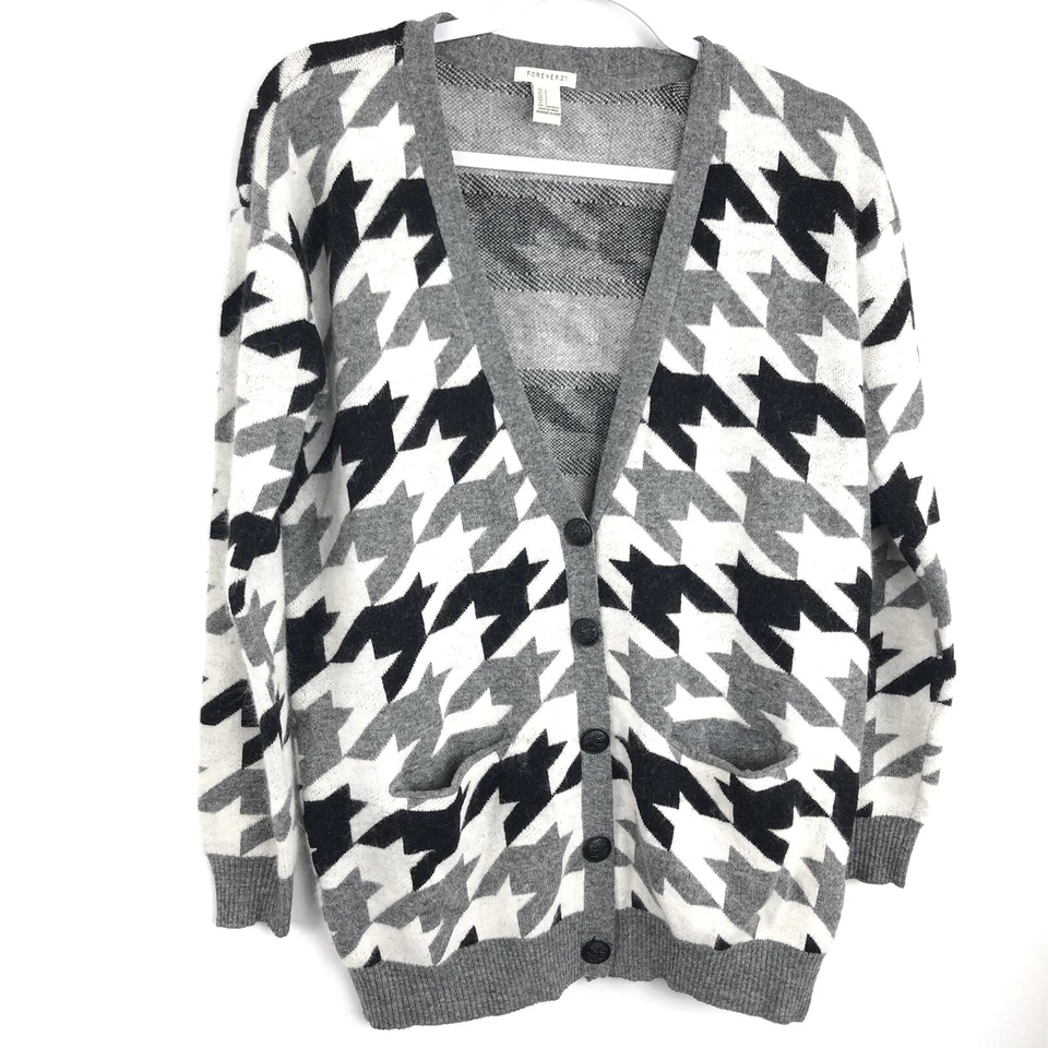 Cárdigan Forever 21 Angora Rabbit Lana Botón Frontal Pata de Gallo Marfil Pequeño AF4 Foto 1 de 4