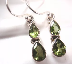 Faceted Peridot Double Gem 925 Sterling Silver Dangle Drop Earrings - Picture 1 of 3