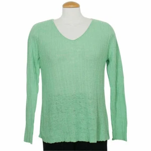 EILEEN FISHER Lawn Green Fine Linen Rib V-Neck Sweater Top L - Picture 1 of 3