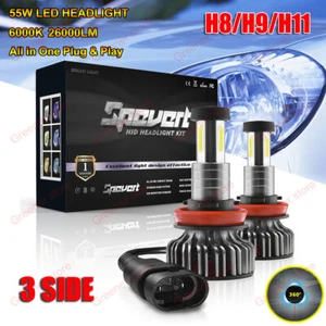 Pair 360° 55W H8 H9 H11 Car LED Headlight 12V 6000K Lamps Bulbs White 30000LM - Picture 1 of 12