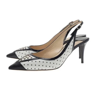 Sandalias Jimmy Choo Slingbacks Punta Bomba Cuero Negro Blanco Talla 39.5 Foto 1 de 4
