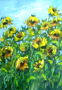 Girasoles Original Pintura al Óleo Enmarcada Floral Arte de Pared Flores Lienzo Talla A4 - Imagen 1 de 6