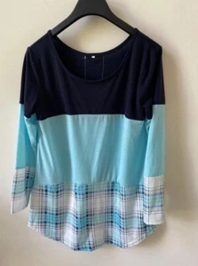 Damen Color Block Kariert Rundhals Langarm T-Shirt Oberteil Bluse L - Bild 1 von 2