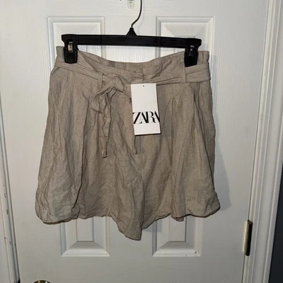 Pantalones cortos de lino para mujer Zara caqui cintura elástica talla mediana nuevos con etiquetas. Foto 1 de 3