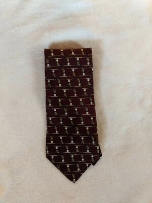 Gravata de seda masculina NICKLAUS azul borgonha ouro tacos bola de golfe design padrão em excelente estado usado! - Imagem 1 de 4