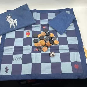 POLO RALPH LAUREN Checkers Game Set Denim Bag Travel Beach Board Cotton Blue - Picture 1 of 14