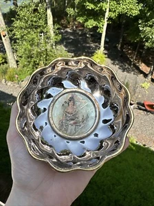 Antique Italian Marked Gold & Silver 4.25” Bowl with Lady Graphic in Center - Picture 1 of 5