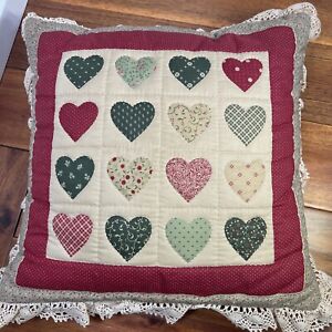Hearts Hand Quilted Throw Pillow Vintage Fabrics 17 x 17  Heart Vintage Lace