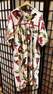 Vintage Kris Gudnason Women L Unisex  House Dress Caftan Floral Birds Design 70s - Picture 1 of 6