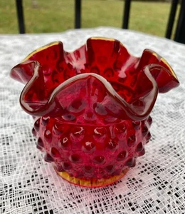 Vintage Fenton Art Glass Red Ruffled Amberina Rim Hobnail Posey Vase 3 3/8”x4” - Picture 1 of 4