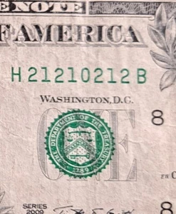 Billete de $1 de la serie de números de serie de lujo 2009 ~21210212~ (True Trinary/Triple sujetalibros) - Imagen 1 de 3