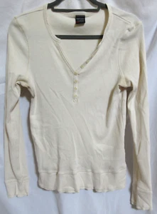 Nautica Womens Tan Off White Henley Cotton Long Sleeve V Neck Top SZ Large VGUC - Picture 1 of 4
