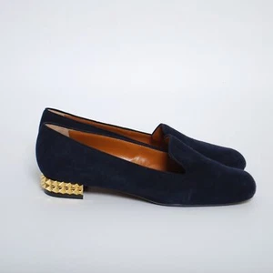 FENDI Women Blue Suede Loafers Flat Shoes Square Toe Block Heels Size EU 39 US 8 - Picture 1 of 7