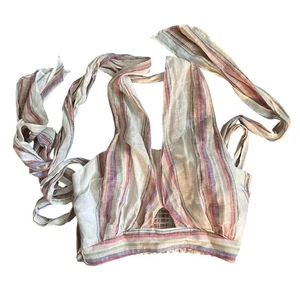 Top Amanda Uprichard Lino Rosa y Azul Rayas Brillo Cuello Corbata Halter Talla S - Imagen 1 de 5