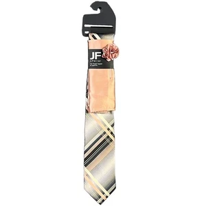 JF J Ferrar Tie 3PC Set Plaid Pattern Grey Pink Modern Necktie Pocket Square OS - Picture 1 of 7