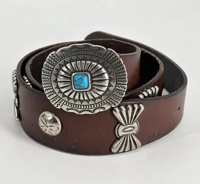 R.L.L RALPH LAUREN Cinturón de Cuero Marrón Concho Plateado Turquesa Occidental MEDIANO Foto 1 de 4