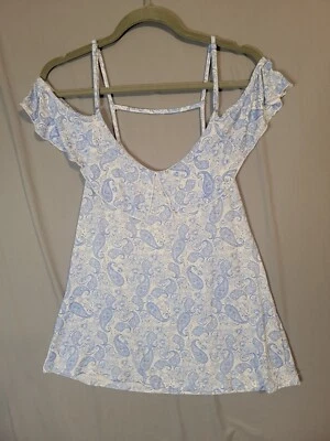 Camiseta sin mangas Daisy Fuentes hombro frío para mujer talla grande azul blanco cachemir aleteo Foto 1 de 4