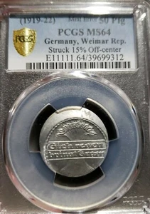 1912-1922 50 Pfennig Germany. Mint Error. 15% Off Center. PCGS MS64 . V Rare - Picture 1 of 2