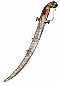 Indo Persian Silver Kofthgiri Worked Damascus  Blade Short Sword bone grips 26”