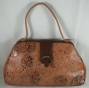 The FIND Floral Print Stamped Leather Satchel Medium Handbag Footed Bottom - Picture 1 of 18