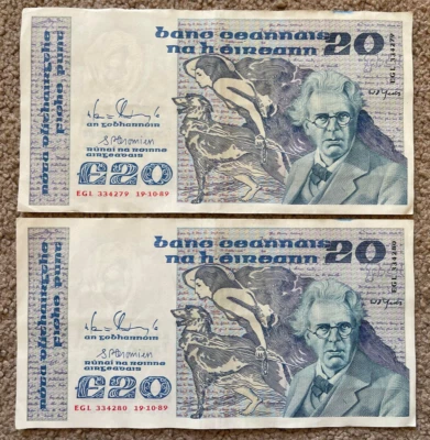 Republic of Ireland: 2 x £20 Pounds banknotes in VF condition / consecutive 1989 - Image 1 of 4