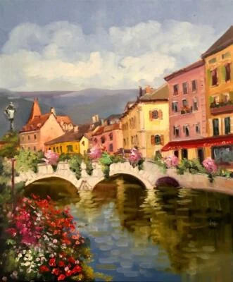 paysage riviere Thiou à  Annecy peinture huile sur toile / landscape painting  - Photo 1/2