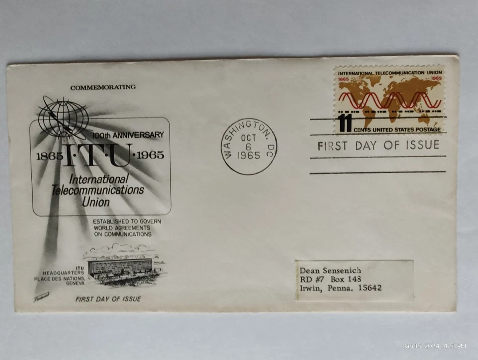 US FDC First Day of Issue Cover ITU INTERNATIONAL TELECOMMUNICATIONS UNION 1965 - Image 1 of 2