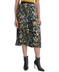 DKNY Womens Logo-Waistband Pleated Satin Midi Skirt Brstrk Leopard Size L - Picture 1 of 7
