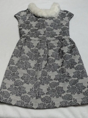 Janie and Jack Pirouette Petals 8 Floral Jacquard Dress Faux Fur Collar Gray - Image 1 of 4