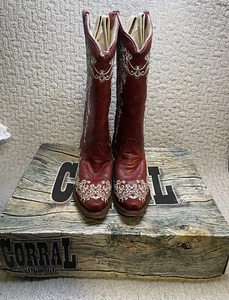 Corral Boots Red Leather Beige Embroidered Boots Womens 7.5 BOX Western A3298 - Picture 1 of 23