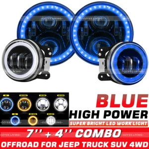 7'' Blue Halo LED Headlights &4'' Fog Lamp Combo Kit for For Jeep Wrangler JK TJ - Bild 1 von 11