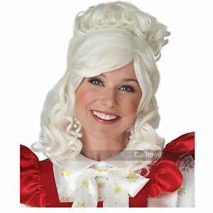 Adult Women's Mrs. Claus Christmas Curly White Holiday Costume Wig And Bun