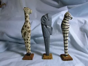 HANDCARVED WOOD folk art animals Giraffe Elephant Zebra African - Picture 1 of 4