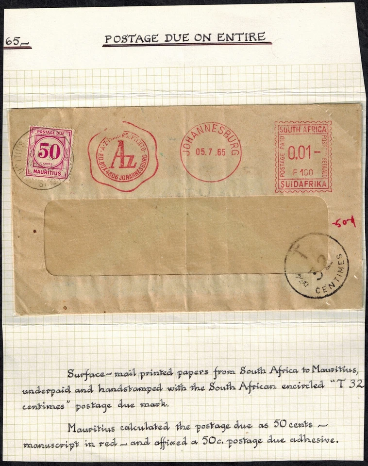 Mauritius Postage Due 1965 SG D6 on Cover Used GEM CV L30x40 (L1200) - Image 1 of 1