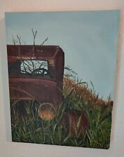 Peinture à l'huile sur toile ancienne voiture rouillée 11x14 2021 camion herbe rouille réalisme inconnu