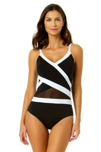 Costume da bagno Anne Cole nero bianco maglia intorno inserto maglia pezzo unico 16 nuovo - Foto 1 di 4