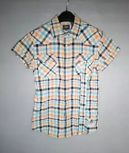 G Star Raw Demin Womens Shirt Size S Checked Cap Sleeve Orange Pockets Block GS - Picture 1 of 14