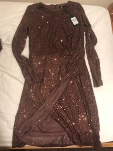 DKNY Brown Sequin Midi Knee Length Occasion Party Cocktail Flared Dress Wrap 10 - Picture 1 of 3