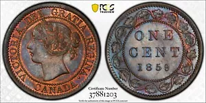 C001 1859 Kanada neu gestanzt "5" Cent. PCGS MS62 BN - Bild 1 von 4