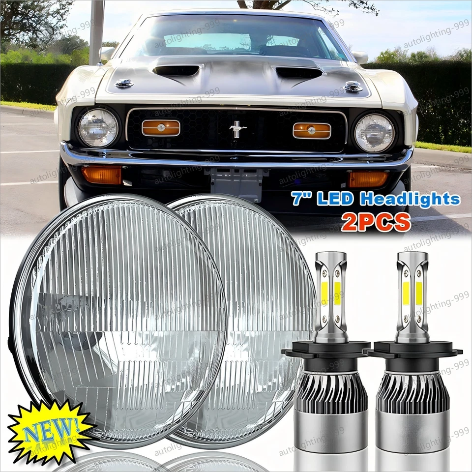Par de faros LED redondos de 7 pulgadas H4 haz alto/bajo aptos para Ford Mustang 1965-1973 Foto 1 de 4