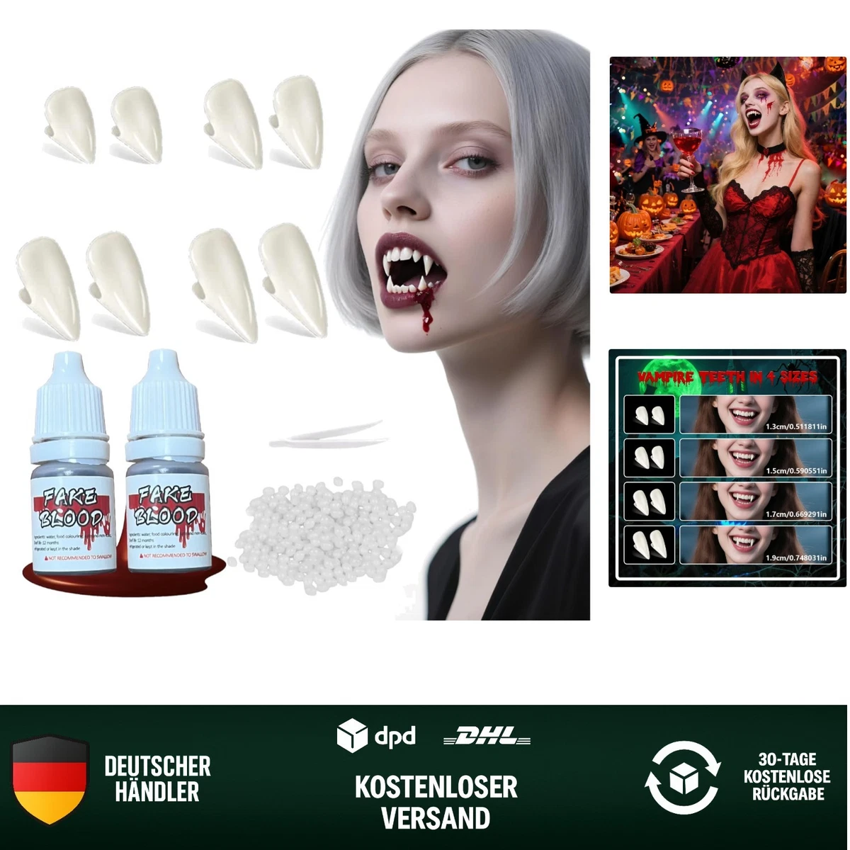 4 Paar Halloween Vampirzähne Mit Klebepellets – Perfekt Für Kostümpartys & Cosplay