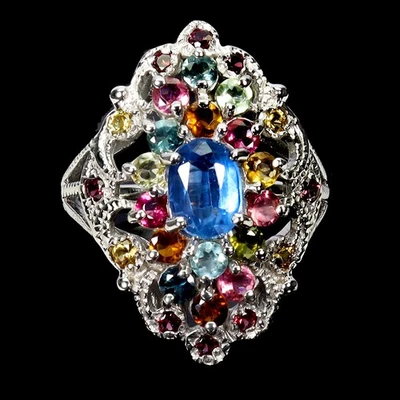 Кольцо из стерлингового серебра 925 пробы с овальным кианитом сапфиром турмалином драгоценным камнем ювелирные изделия 8,5 - Изображение 1 из 4